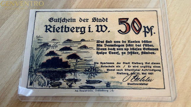 1921 Germany Rietberg Notgeld 50 Pfennig – Lake & Marsh Scene – Westphalia Genventro