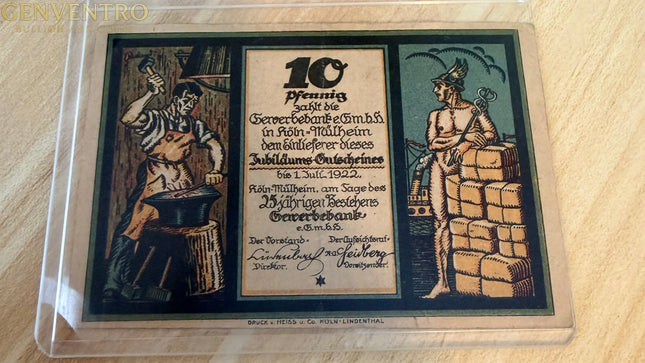 1921 Germany Coblenz Notgeld 10 Pfennig – Boatman & Rhine Cityscape – Color Note Genventro