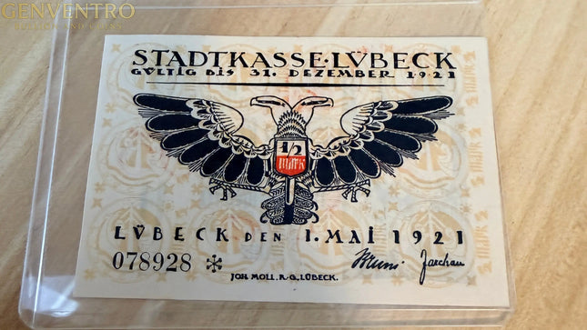 1921 Germany Lübeck Notgeld ½ Mark – Large Double-Headed Eagle Design Genventro