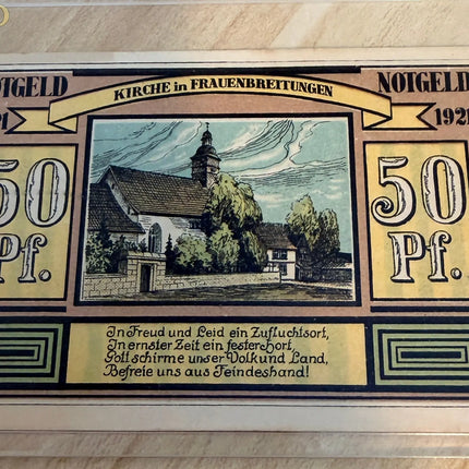 1921 Germany Frauenbreitungen Notgeld 50 Pfennig – Church Scene – Scarcer Type Genventro