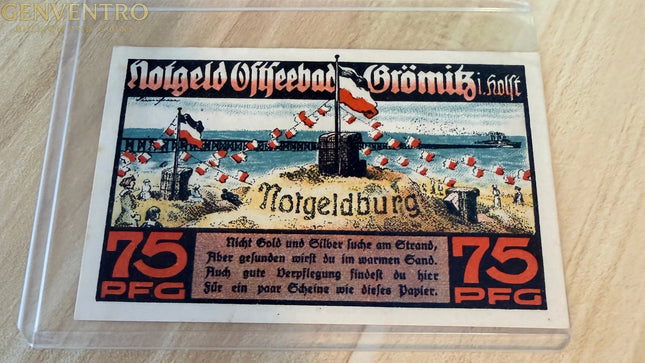 1921 Germany Grömitz Ostseebad Notgeld 75 Pfennig – Seaside Beach Scene “Notgeldburg” Genventro