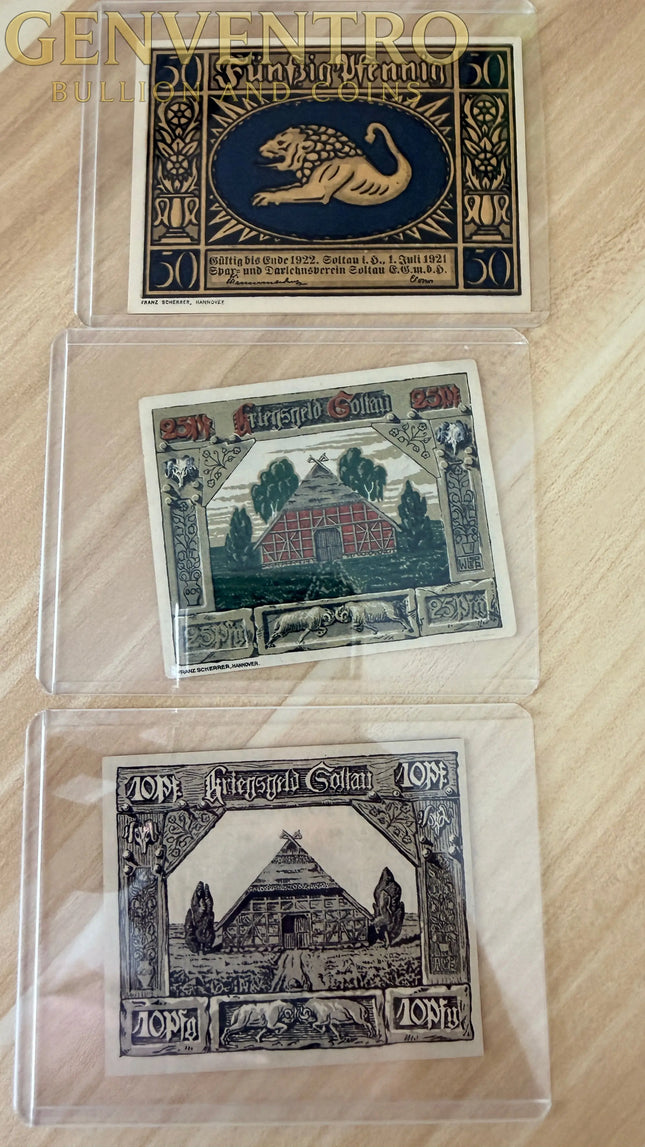 1920–1921 Germany Soltau “Heidestadt” Notgeld Set – 10, 25 & 50 Pfennig Kriegsnotgeld – Lot of 3 Genventro
