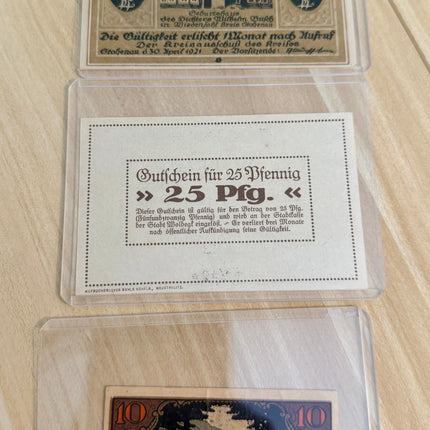 Germany Notgeld Mixed Lot – Neustrelitz 25 Pf, Arolsen 10 Pf & 75 Pf Allegorical Time Design – 3 Notes Genventro