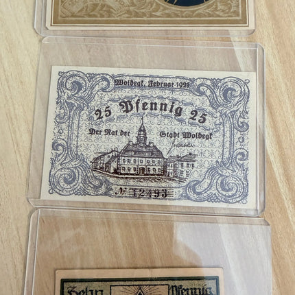 Germany Notgeld Mixed Lot – Neustrelitz 25 Pf, Arolsen 10 Pf & 75 Pf Allegorical Time Design – 3 Notes Genventro