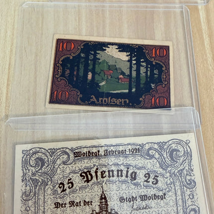 Germany Notgeld Mixed Lot – Neustrelitz 25 Pf, Arolsen 10 Pf & 75 Pf Allegorical Time Design – 3 Notes Genventro