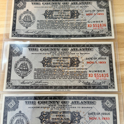 1933 $1 Atlantic County Depression Scrip Notes • Brown/Black Nov. 1 Issue • 4 Consecutive Serials • Emergency Currency Genventro