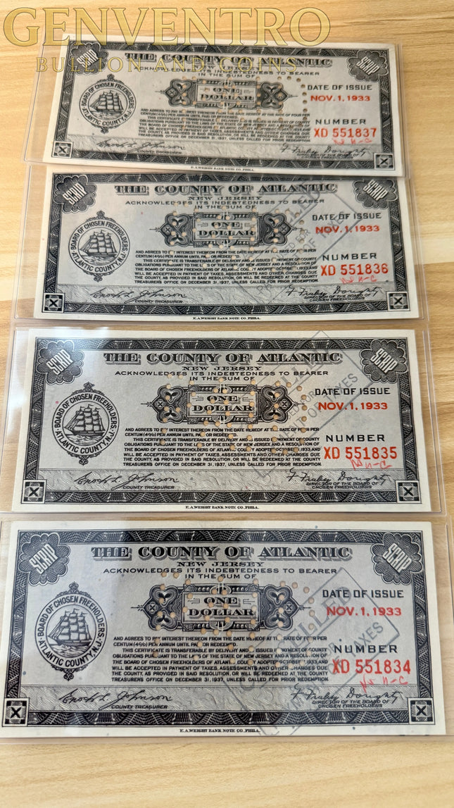 1933 $1 Atlantic County Depression Scrip Notes • Brown/Black Nov. 1 Issue • 4 Consecutive Serials • Emergency Currency Genventro