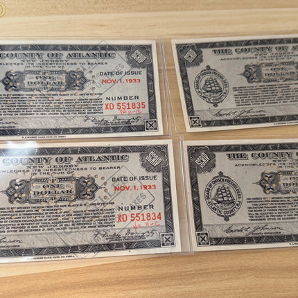 1933 $1 Atlantic County Depression Scrip Notes • Brown/Black Nov. 1 Issue • 4 Consecutive Serials • Emergency Currency Genventro
