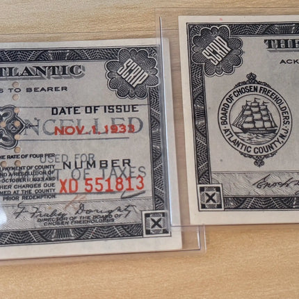1933 $1 Atlantic County Depression Scrip Notes • Brown/Black Nov. 1 Issue • 2 Consecutive Serials • Emergency Currency Genventro