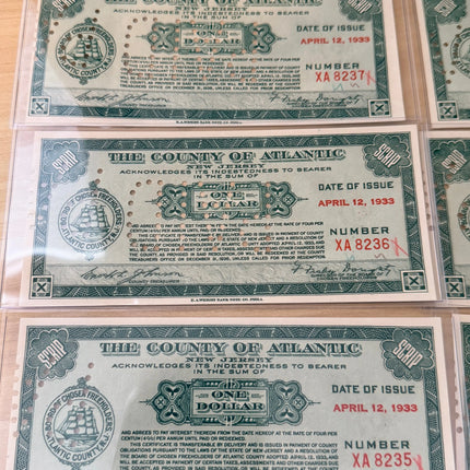 Great Depression “County of Atlantic, New Jersey” $1 Depression Scrips • 8-Note All Consecutive Run Bundle Genventro