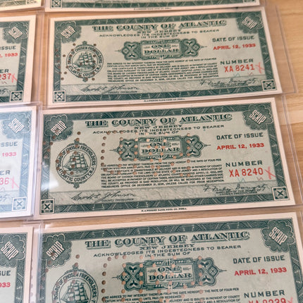 Great Depression “County of Atlantic, New Jersey” $1 Depression Scrips • 8-Note All Consecutive Run Bundle Genventro