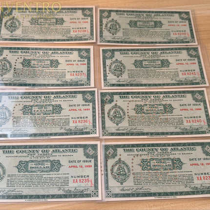 Great Depression “County of Atlantic, New Jersey” $1 Depression Scrips • 8-Note All Consecutive Run Bundle Genventro