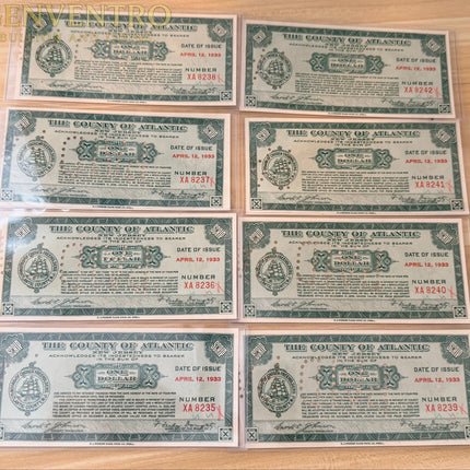 Great Depression “County of Atlantic, New Jersey” $1 Depression Scrips • 8-Note All Consecutive Run Bundle Genventro