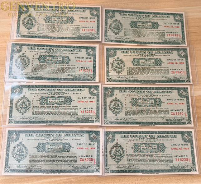 Great Depression “County of Atlantic, New Jersey” $1 Depression Scrips • 8-Note All Consecutive Run Bundle Genventro
