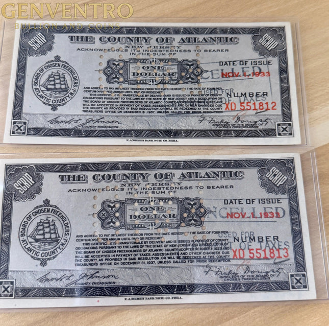 1933 $1 Atlantic County Depression Scrip Notes • Brown/Black Nov. 1 Issue • 2 Consecutive Serials • Emergency Currency Genventro
