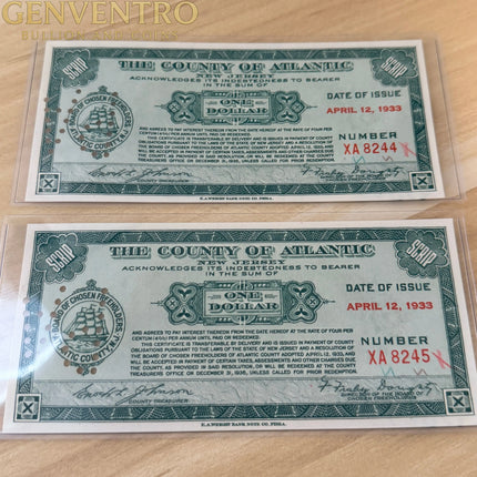 Great Depression “County of Atlantic, New Jersey” $1 Depression Scrips • 2 Consecutive Note Bundle Genventro