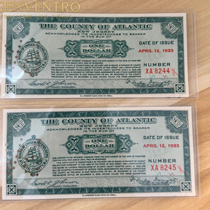 Great Depression “County of Atlantic, New Jersey” $1 Depression Scrips • 2 Consecutive Note Bundle Genventro