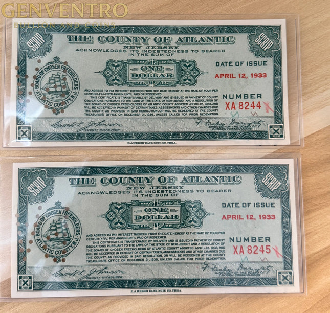Great Depression “County of Atlantic, New Jersey” $1 Depression Scrips • 2 Consecutive Note Bundle Genventro