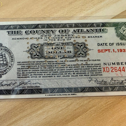 Great Depression County of Atlantic, New Jersey $1 Depression Scrip Note Genventro