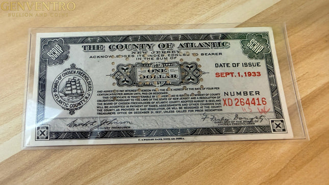 Great Depression County of Atlantic, New Jersey $1 Depression Scrip Note Genventro