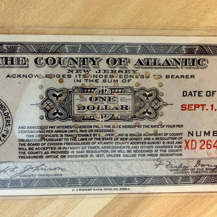 Great Depression County of Atlantic, New Jersey $1 Depression Scrip Note Genventro