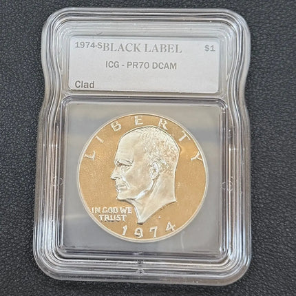 1974-S Eisenhower Dollar – ICG PR70 DCAM – Ultra-Rare Clad Strike, Deep Cameo Proof Genventro