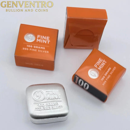 100 gram Cast-Poured .999 Fine Silver Bar - New In Box - 9Fine Mint Genventro Bullion and Coins