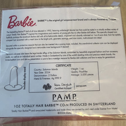 PAMP 1 oz Silver Totally Hair Barbie Shaped & Colorized Coin w/Box