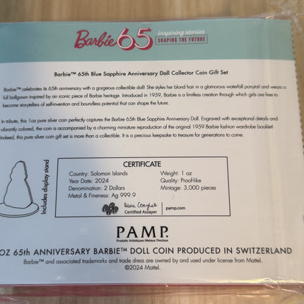 PAMP 1 oz Silver Barbie 65th Blue Sapphire Anniversary Coin w/Box