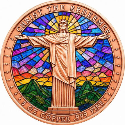 stained glass christ the redeemer colorized 5 oz copper medal (05/28) active offers, copper bullion, art bars/rounds, religion