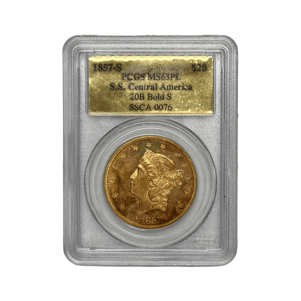 pnag1ozubsws 1857 s 20 gold liberty ms 63 pl pcgc ss central america 1