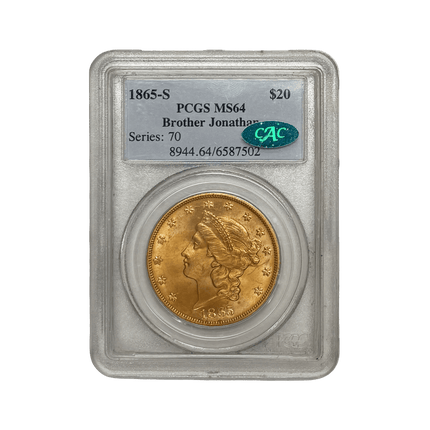 pnag1ozubsws 1865 s 20 gold liberty ms 64 cac pcgc ss brother jonathan