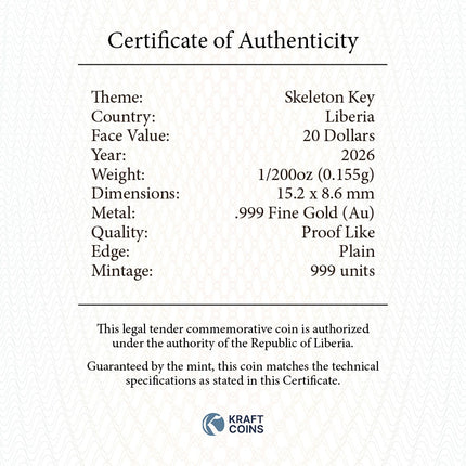 2026 Liberia Skeleton Key 1/200 oz Gold Coin (04/01) - Options: Original Mint Packaging