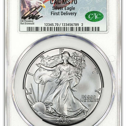 2026 $1 Silver Eagle CAC MS 70 First Day of Delivery Label