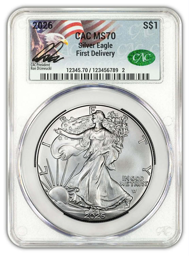 2026 $1 Silver Eagle CAC MS 70 First Day of Delivery Label