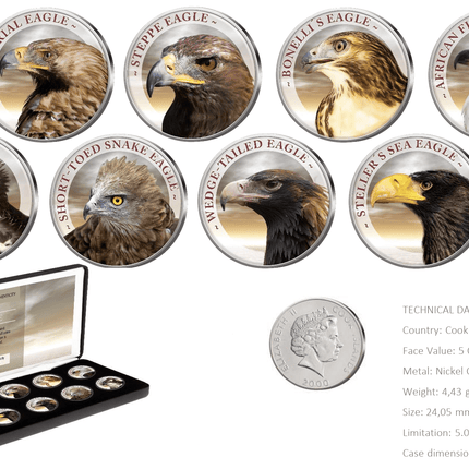 Cook Islands Eagle - Complete Colorized Eagles 10 x 4.43g Coin Set w/Display Box w/COA