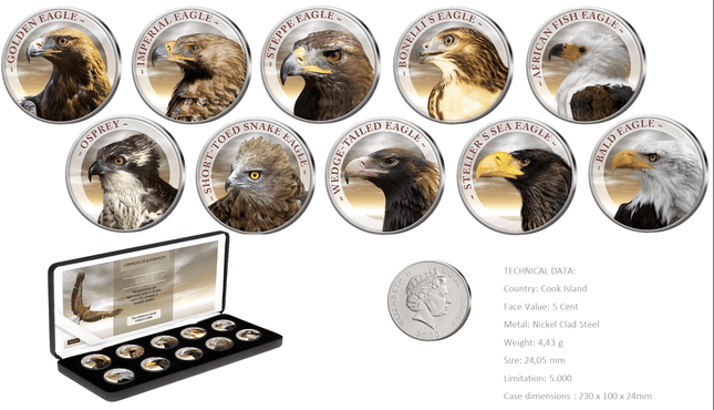 Cook Islands Eagle - Complete Colorized Eagles 10 x 4.43g Coin Set w/Display Box w/COA