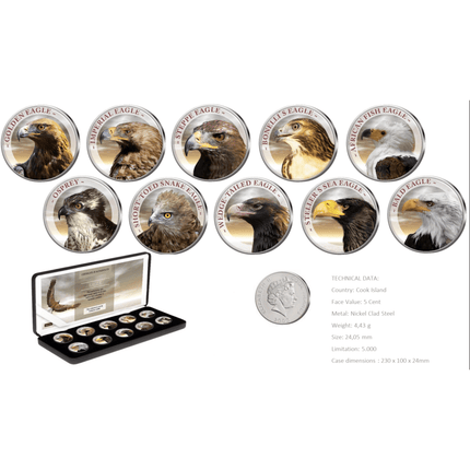 Cook Islands Eagle - Complete Colorized Eagles 10 x 4.43g Coin Set w/Display Box w/COA