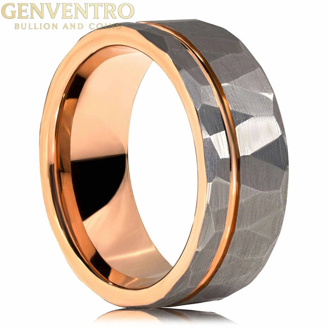 Hammered Rose Gold Strip Tungsten Carbide Ring MORF