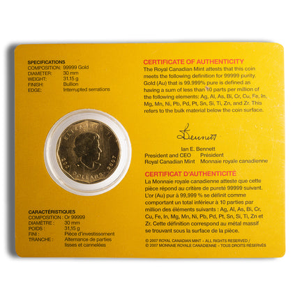 canada 1 oz gold coin .99999 year/design varies (w/assay card)