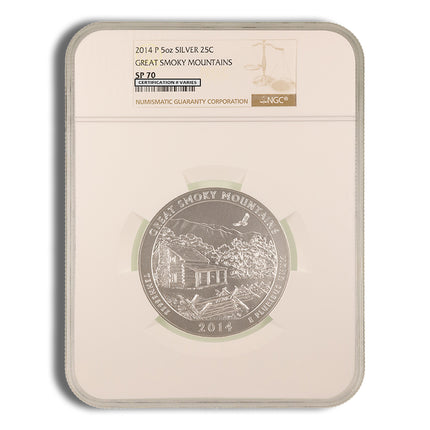 2014 p 5 oz atb great smoky mts. silver coin ngc sp70