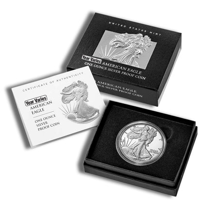 proof silver eagle box & coa (year varies)