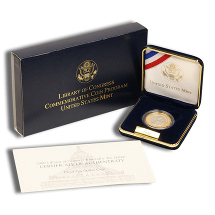 2000 w $10 library of congress bimetallic coin proof (box/coa)