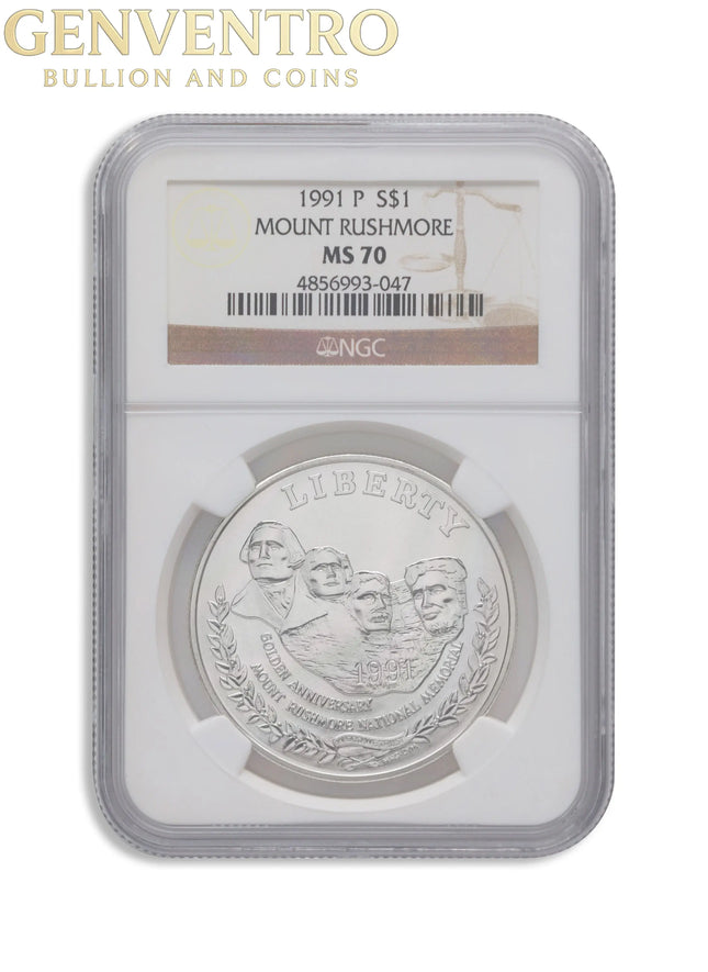 1991-P $1 Mt. Rushmore Silver Commem - NGC MS70 Genventro Bullion and Coins