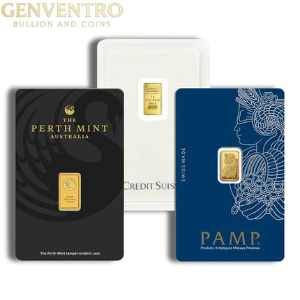 1 gram Gold Bar - Brand Varies (Carded) Genventro Bullion and Coins