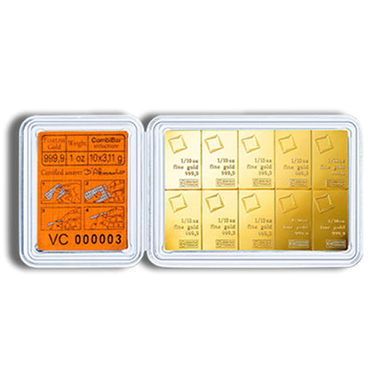 10 x 1/10 oz .9999 valcambi combibar™ gold (in assay)