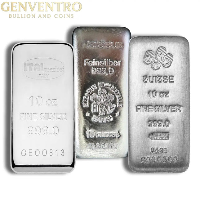 10 oz Silver Bar - Brand Varies (IRA Eligible) Genventro Bullion and Coins