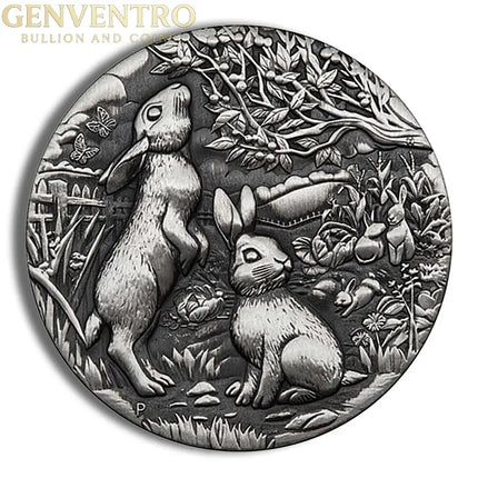 2023 2 oz Australia Silver Lunar Rabbit BU - Series III - Antiqued Genventro Bullion and Coins