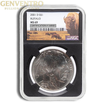 2001-D $1 Silver Buffalo Commem - NGC MS69 (Black Core) Genventro Bullion and Coins