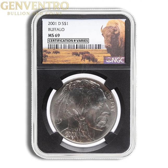 2001-D $1 Silver Buffalo Commem - NGC MS69 (Black Core) Genventro Bullion and Coins